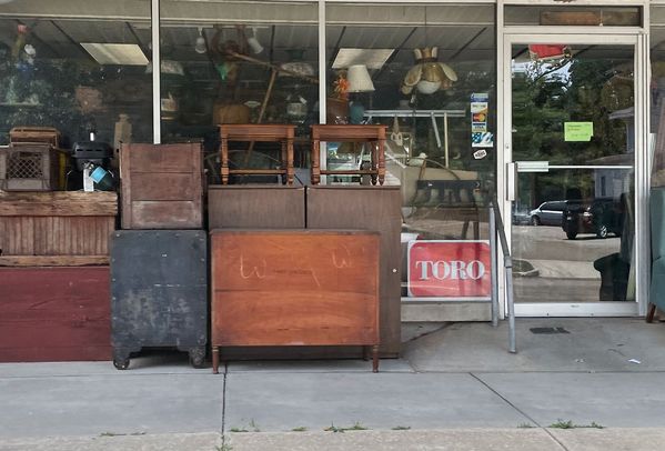 Store front of a thrift or antique shop